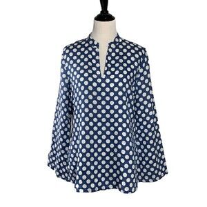 Island Co. Tunic Top Linen Mandarin Beach Womens L Blue White Dot Long Sleeve